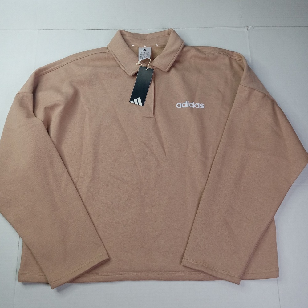 Adidas Women's Essentials Linear Fleece Polo Sweatshirt Size L Large Sandstone
